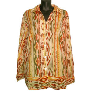Alfred Dunner Woman 18W Button-down Long Sleeve Aztec Shirt Rust Olive Green